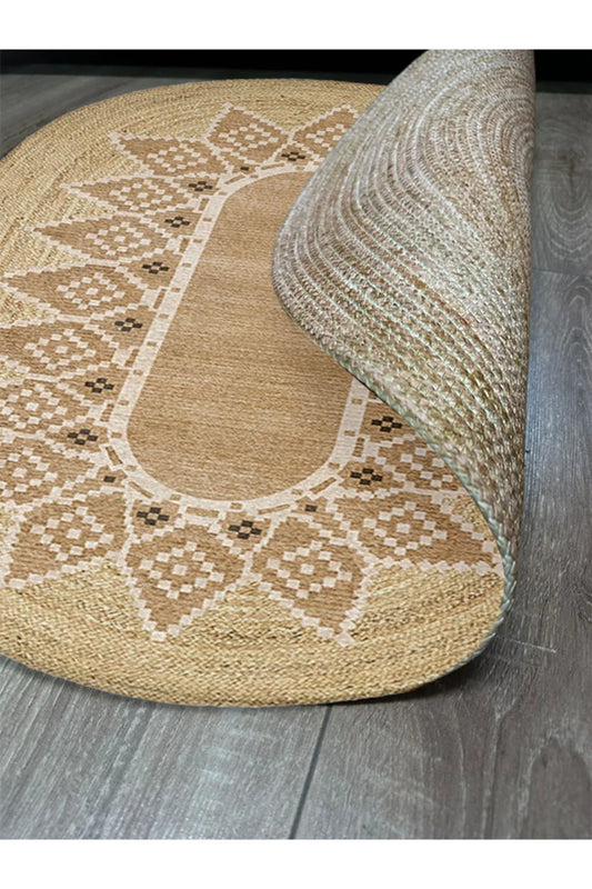 Boho 980 Jüt Hasır Etnik Desenli Oval Jüt Örme Doğal Hasır Natural Oval Halı - HALI VAGONU