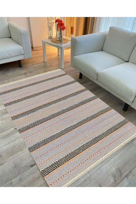 Cotton Serisi Gri Tonlarında Düz Çıtır Çizgili Multy Ponponlu Dekoratif Dokuma Taban Kilim