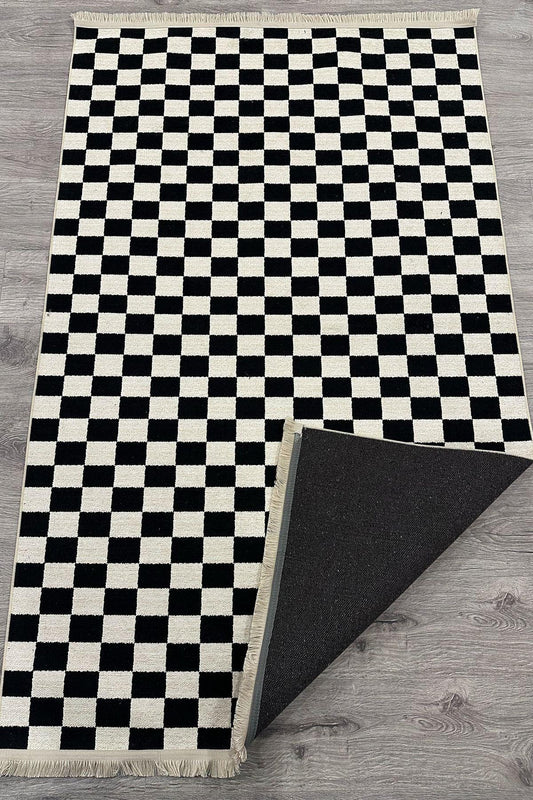 Dama Desenli Krem Siyah Salon Halısı Mutfak Halısı Yolluk Otantik Halı Halı Vagonu 229 - HALI VAGONU