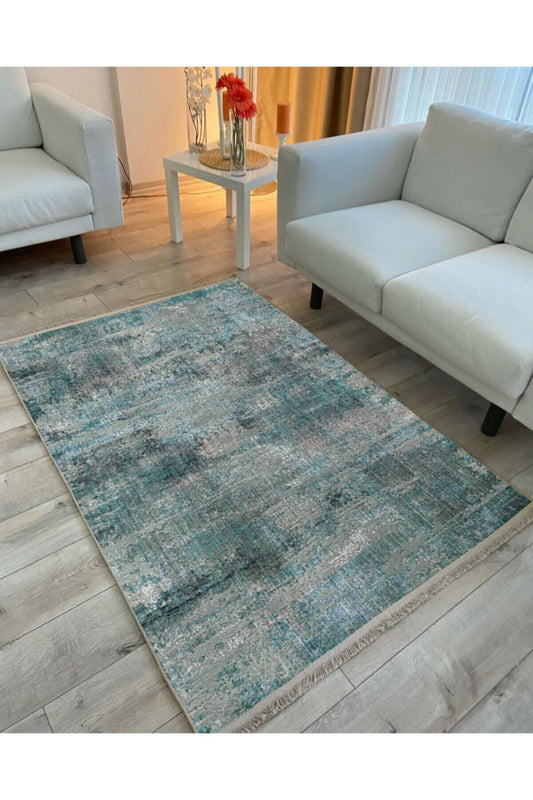 Halı Vagonu 2014 Turkuaz Tonunda Modern Desen Kaymaz Taban Dekoratif Halı