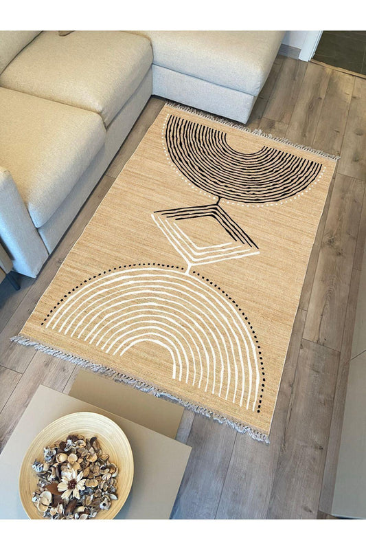 Cotton Kilim 23 Jut Zeminli Çizgili Desenli Dekoratif Yıkanabilen Dokuma Taban Kilim - HALI VAGONU