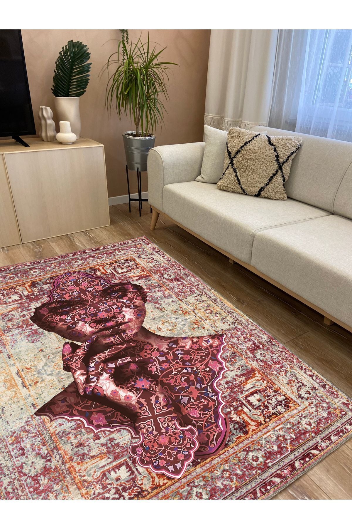 Halı Vagonu 125 Kiremit Tonunda Eskitme Kadın Silüeti Etnik Desenli Vintage Dokuma Taban Halı