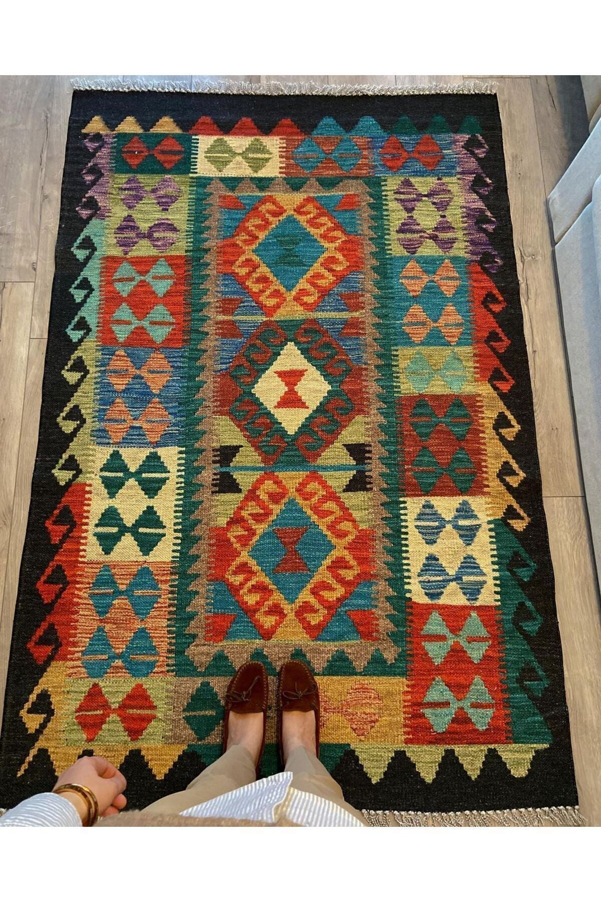 Cotton Kilim 3053 Laciver Geleneksel Motifler Modern Dekoratif Saçaklı Yıkanabilen Dokuma Kilim