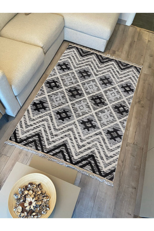 Cotton Kilim 15 Gri Zeminli Çizgili Desenli Dekoratif Yıkanabilen Dokuma Taban Kilim