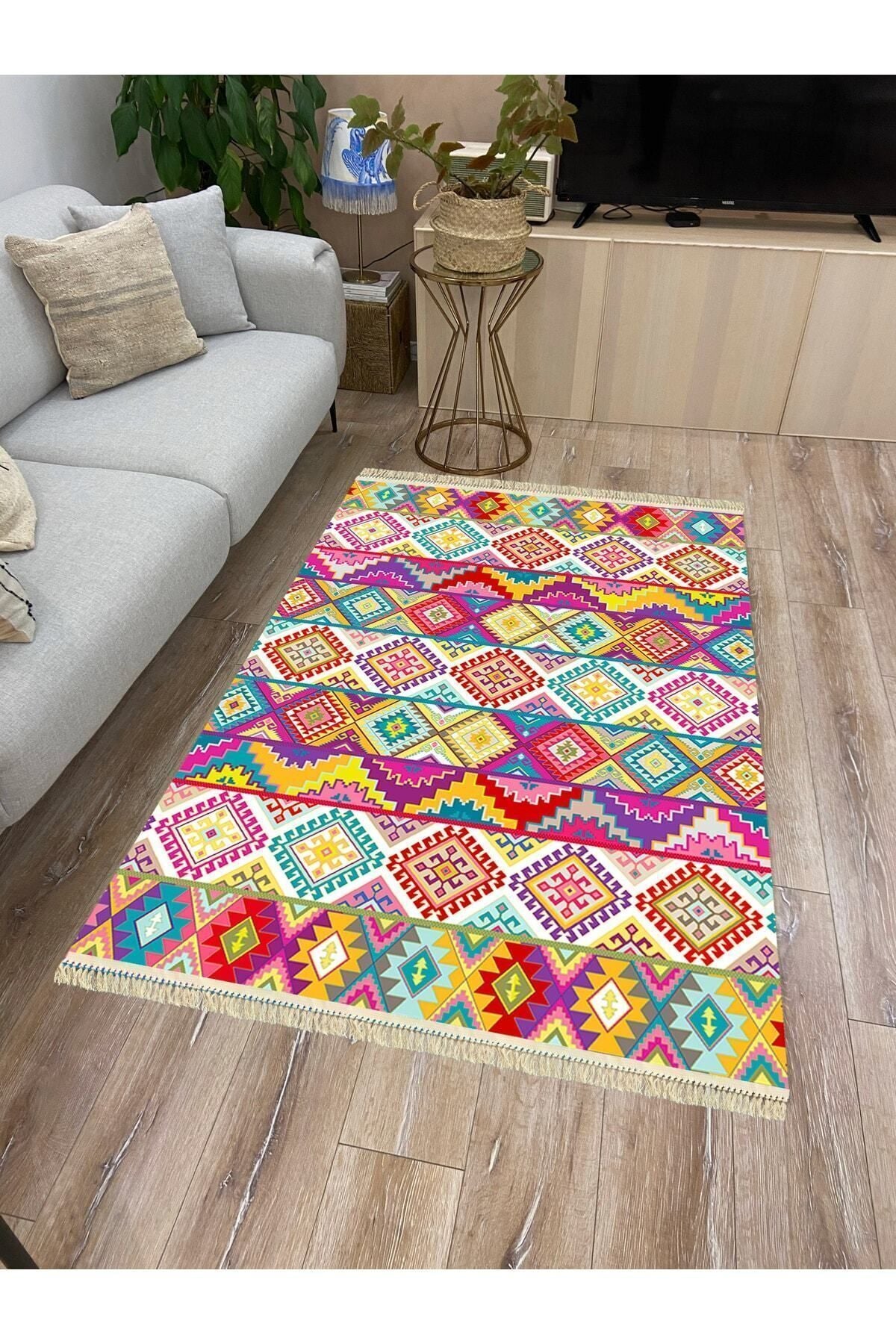 Cotton Serisi Multy Tonlarında Baklavalı Desen Dekoratif Dokuma Taban Kilim