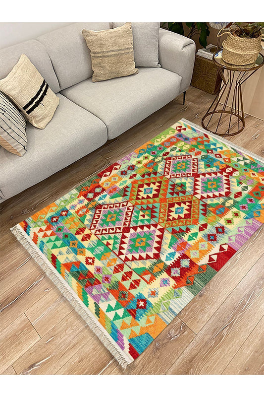 Cotton Kilim 64 Yeşil Geleneksel Motifler Modern Dekoratif Saçaklı Yıkanabilen Dokuma Kilim