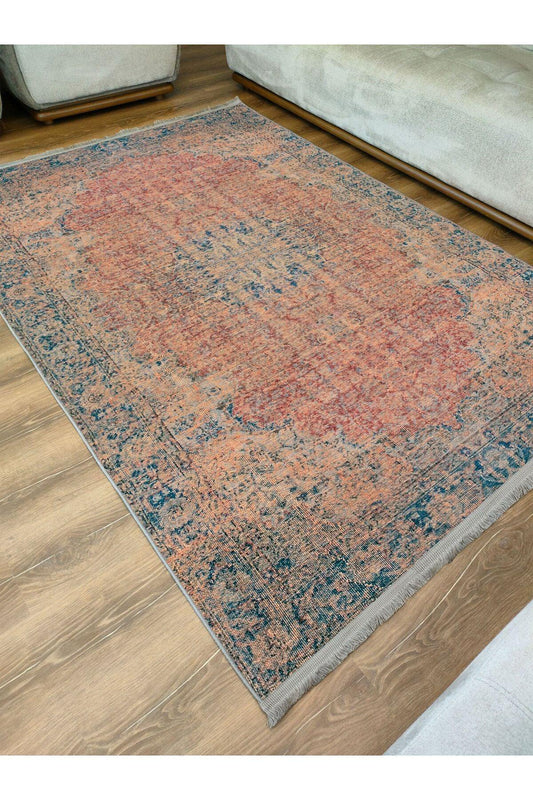 Halı Vagonu Serisi Mavi Ve Kahve Tonlarında Eskitme Otantik Desen Kaymaz Taban Şönil Halı - HALI VAGONU