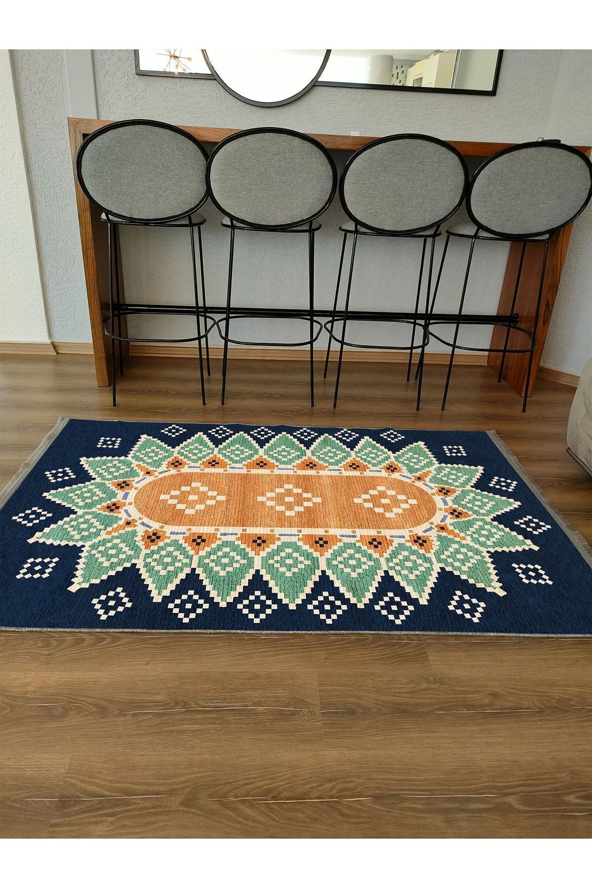 Halı Vagonu114 Mavi Tonlarında Klasık Dekoratif Kilim Salon Halısı Saçaklı Yıkanabilen Halı