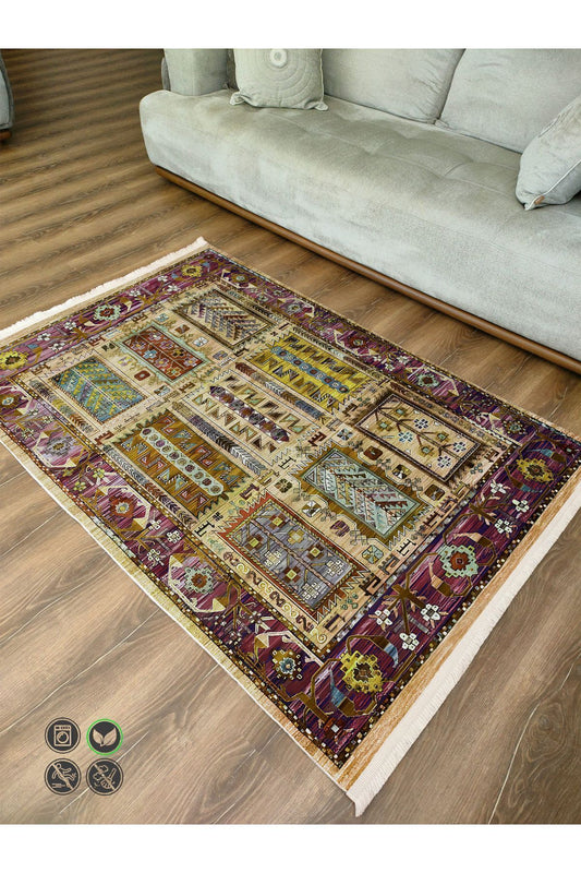 Halı Vagonu 67 Yeşil Tonunda Dekoratif Salon Halısı Saçaklı Yıkanabilen Dekoratif Halı