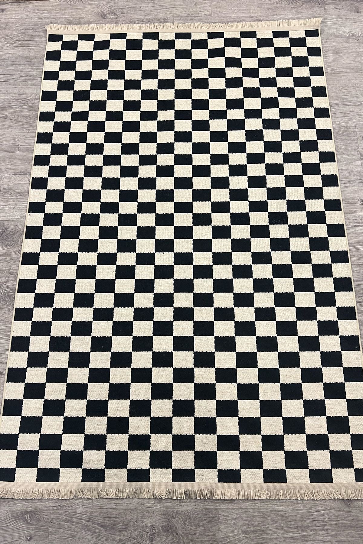 Dama Desenli Krem Siyah Salon Halısı Mutfak Halısı Yolluk Otantik Halı Halı Vagonu 229