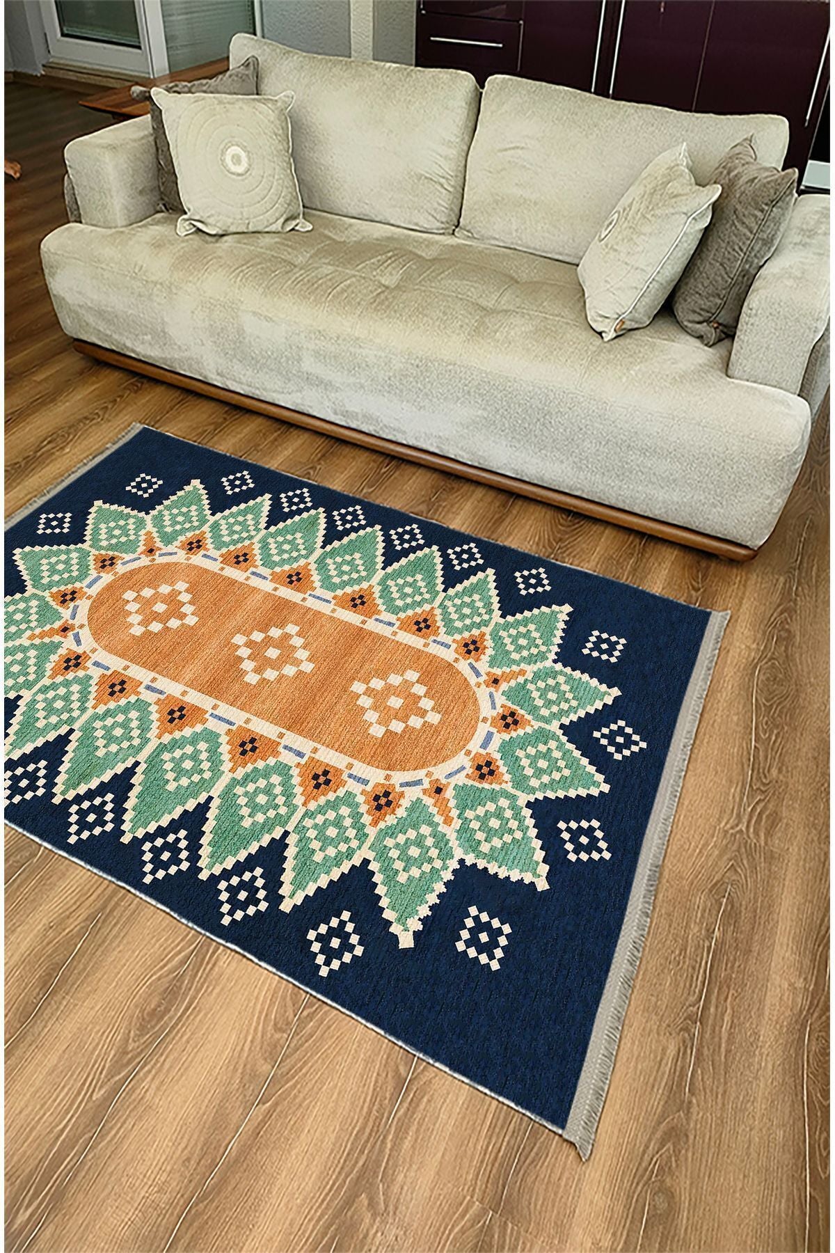 Halı Vagonu114 Mavi Tonlarında Klasık Dekoratif Kilim Salon Halısı Saçaklı Yıkanabilen Halı