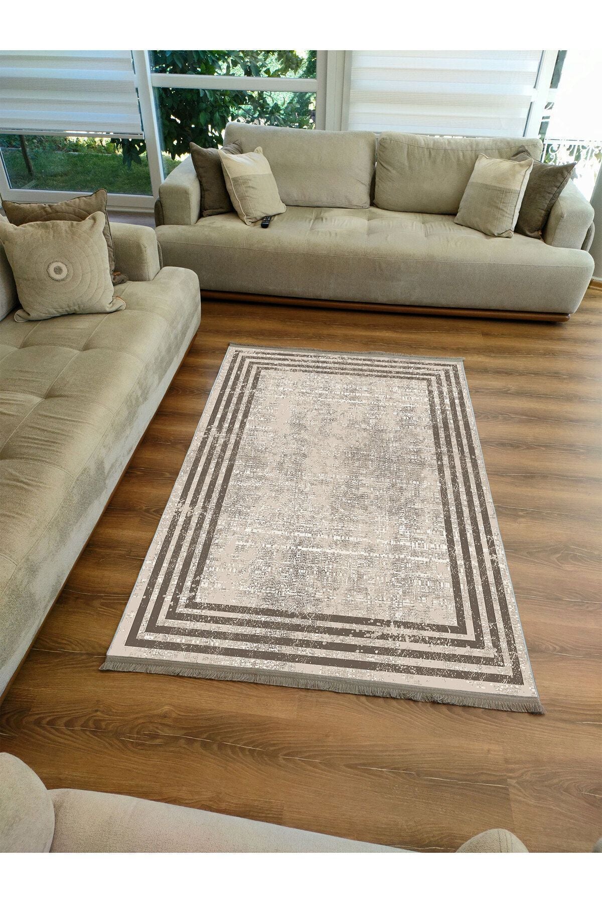 HV 2077 Kahverengi Çerçeve Desenli Yıkanabilir Kaymaz Salon Halısı, Koridor Ve Mutfak Halısı