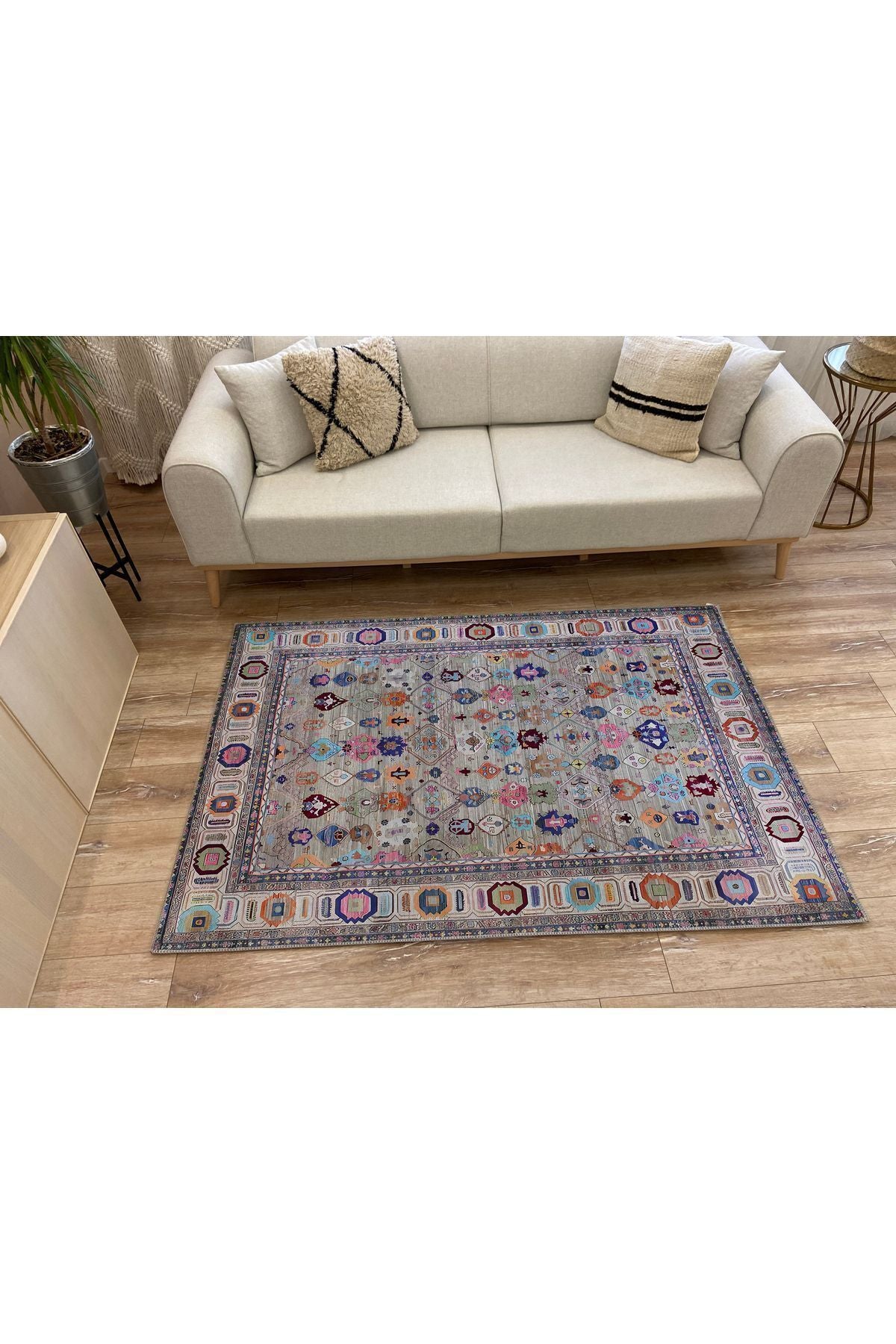 HV 60 Modern Stil Krem Ve Gri HV Halı Ve Kilim Salon Halısı Saçaklı Yıkanabilen Halı