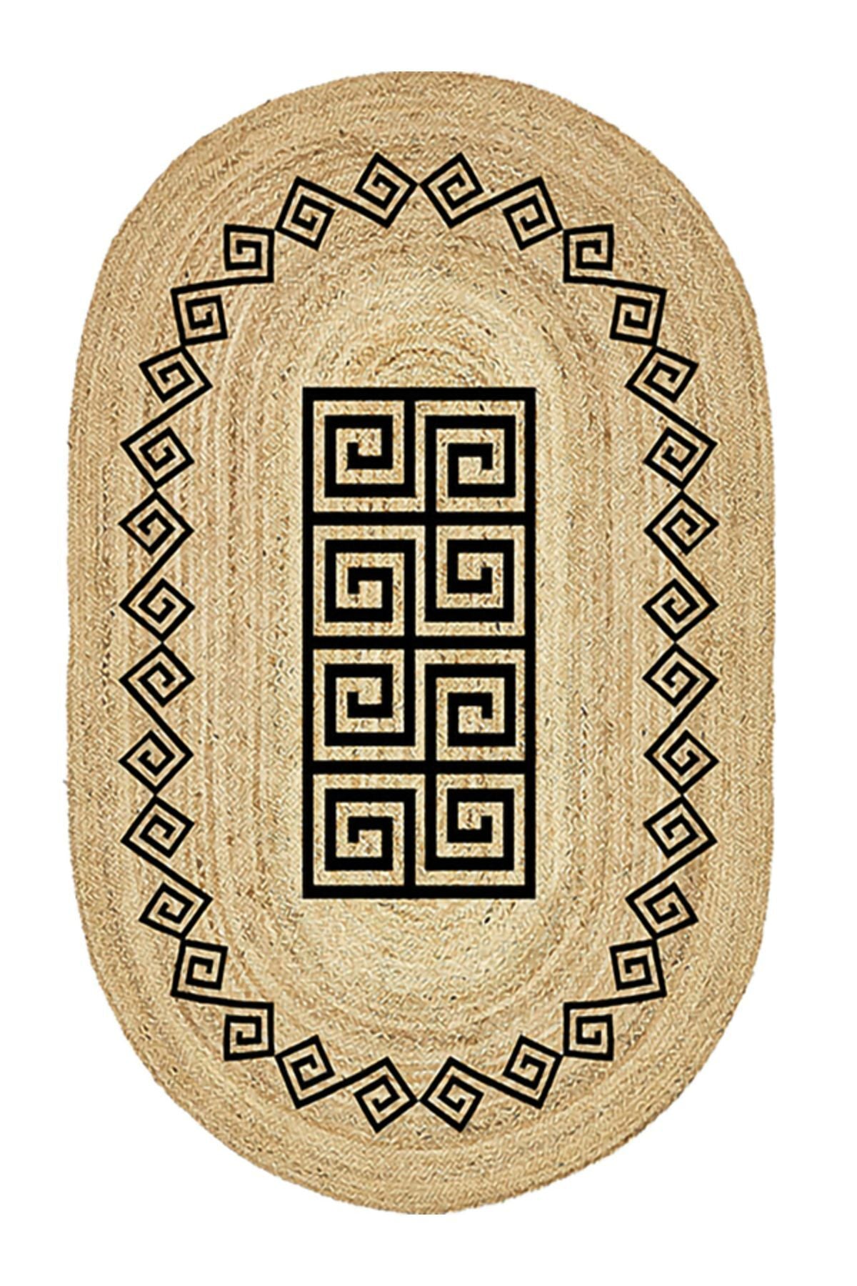 Boho 987 Jüt Hasır Etnik Desenli Oval Jüt Örme Doğal Hasır Natural Oval Halı