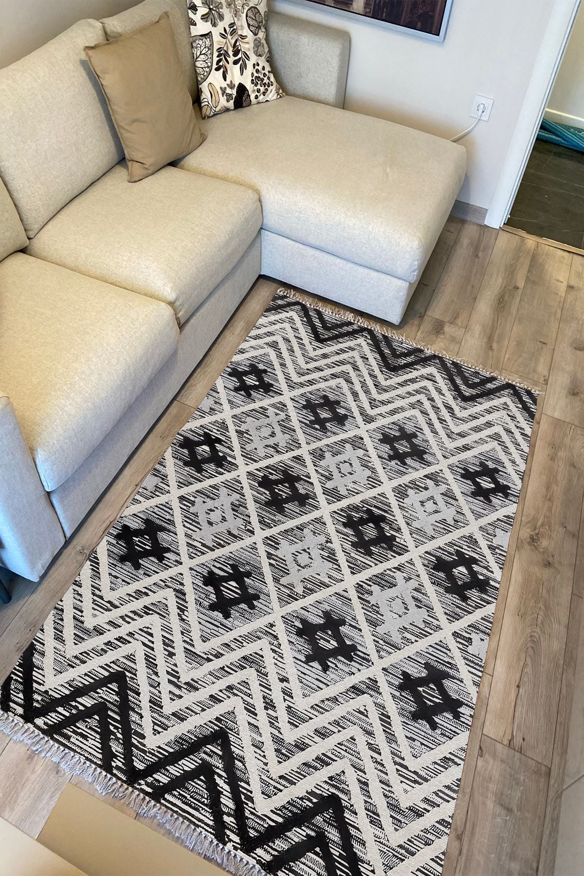 Cotton Kilim 15 Gri Zeminli Çizgili Desenli Dekoratif Yıkanabilen Dokuma Taban Kilim
