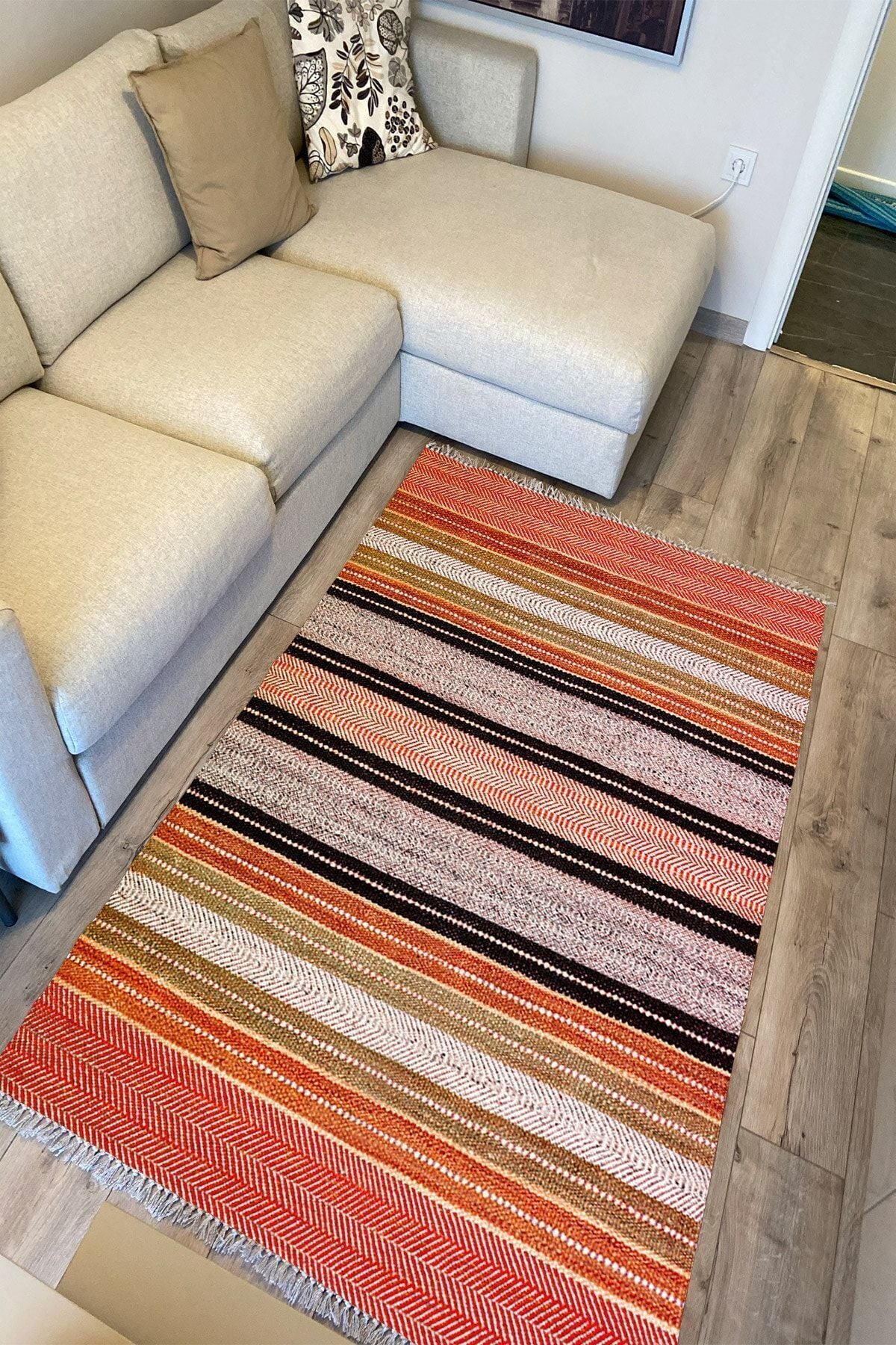 Cotton Serisi Hasır Görümlü Çıtır Düz Çizgili Eskitme Desen Dekoratif Dokuma Taban Kilim