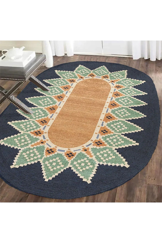 Boho 978 Jüt Hasır Etnik Desenli Oval Jüt Örme Doğal Hasır Natural Oval Halı - HALI VAGONU