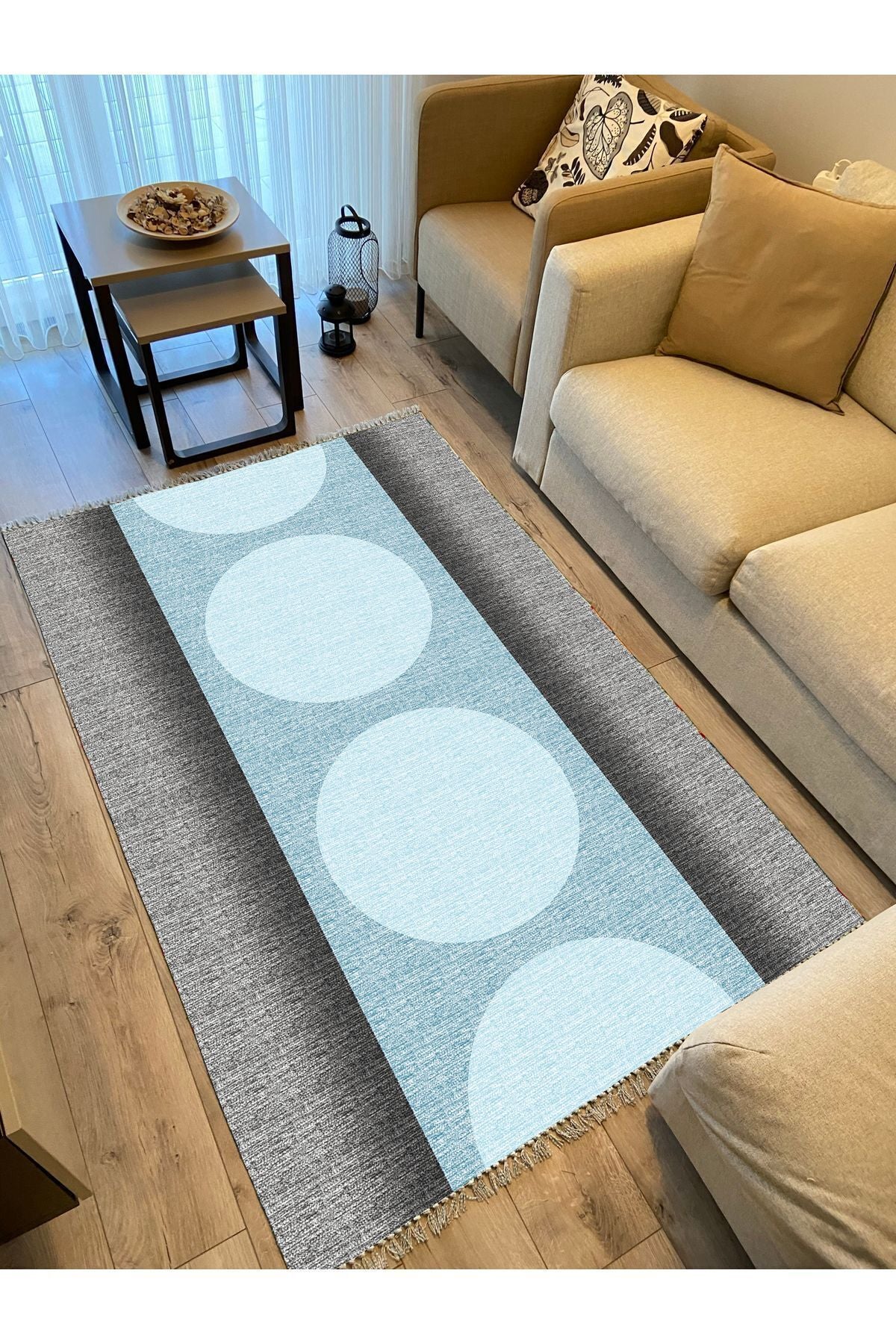 Cotton Kilim 31 Gri Ve Mavi Tonlarında Modern Desenli Dekoratif Yıkanabilen Dokuma Taban Kilim