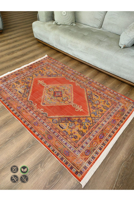 Halı Vagonu 76 Turuncu Tonlarında Dekoratif Salon Halısı Saçaklı Yıkanabilen Halı