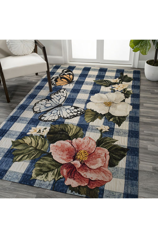 Halı Vagonu 210 Mavi Beyaz Ekose Çiçek Kelebek Figürlü Modern Dokuma Taban Dekoratif Halı