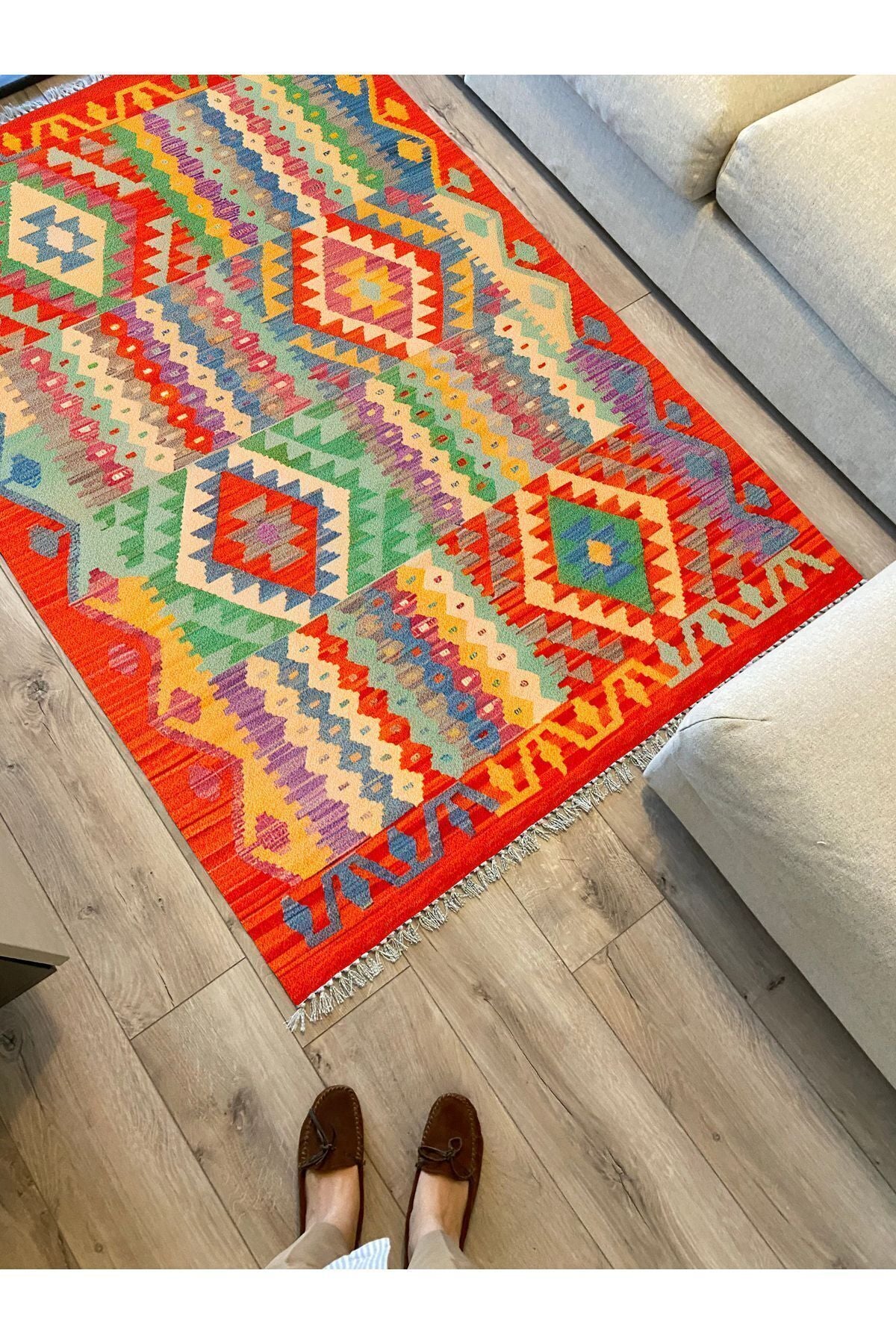 Cotton 85 Etnik Mercan Renk Vintage Boho Stil Pamuk Kilim