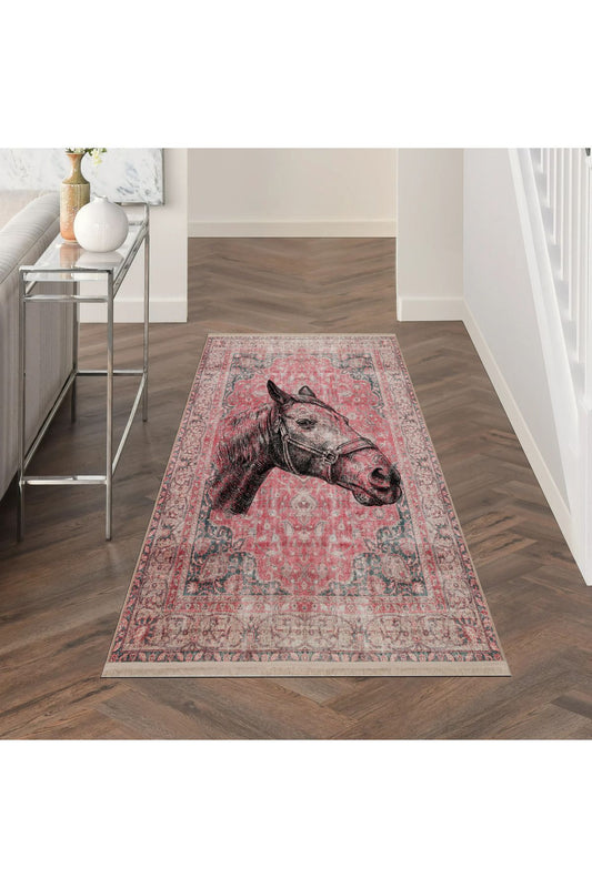 Halı Vagonu 149 Vintage Kırmızı El Çizimi At Temalı Dokuma Taban Halı