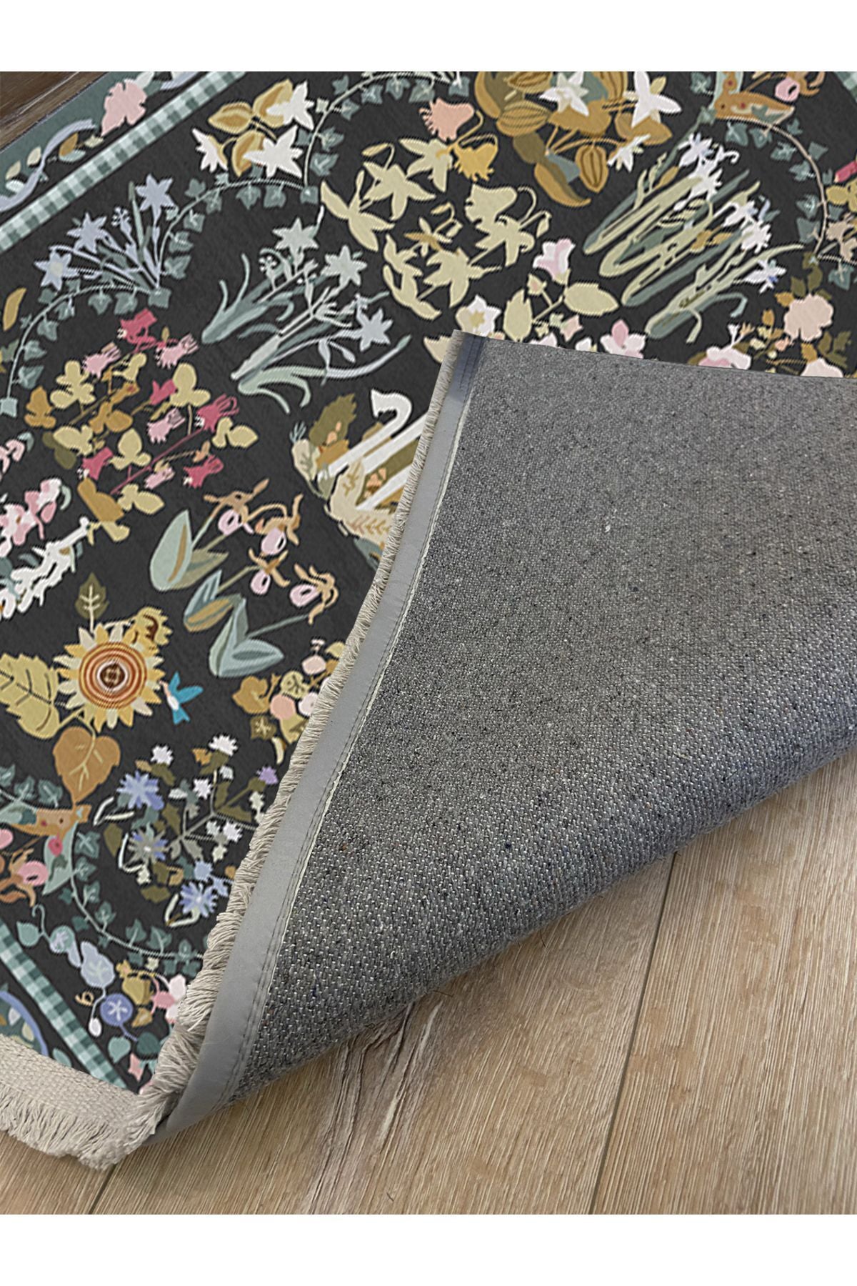 HV 2188 Yeşil Çiçek Temalı Geleneksel Motifli Etnik Desenli Yıkanabilen Saçaklı Dekoratif Halı