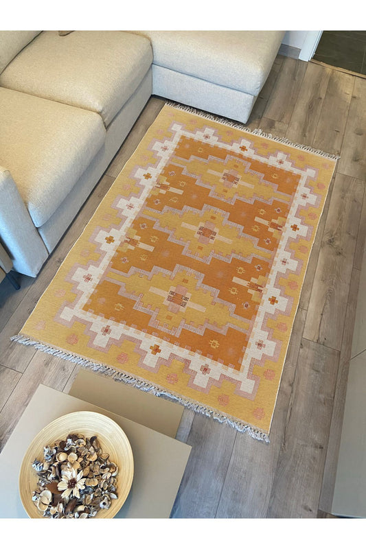 Cotton Kilim59 Jut Geleneksel Motifler Modern Dekoratif Saçaklı Yıkanabilen Dokuma Kilim