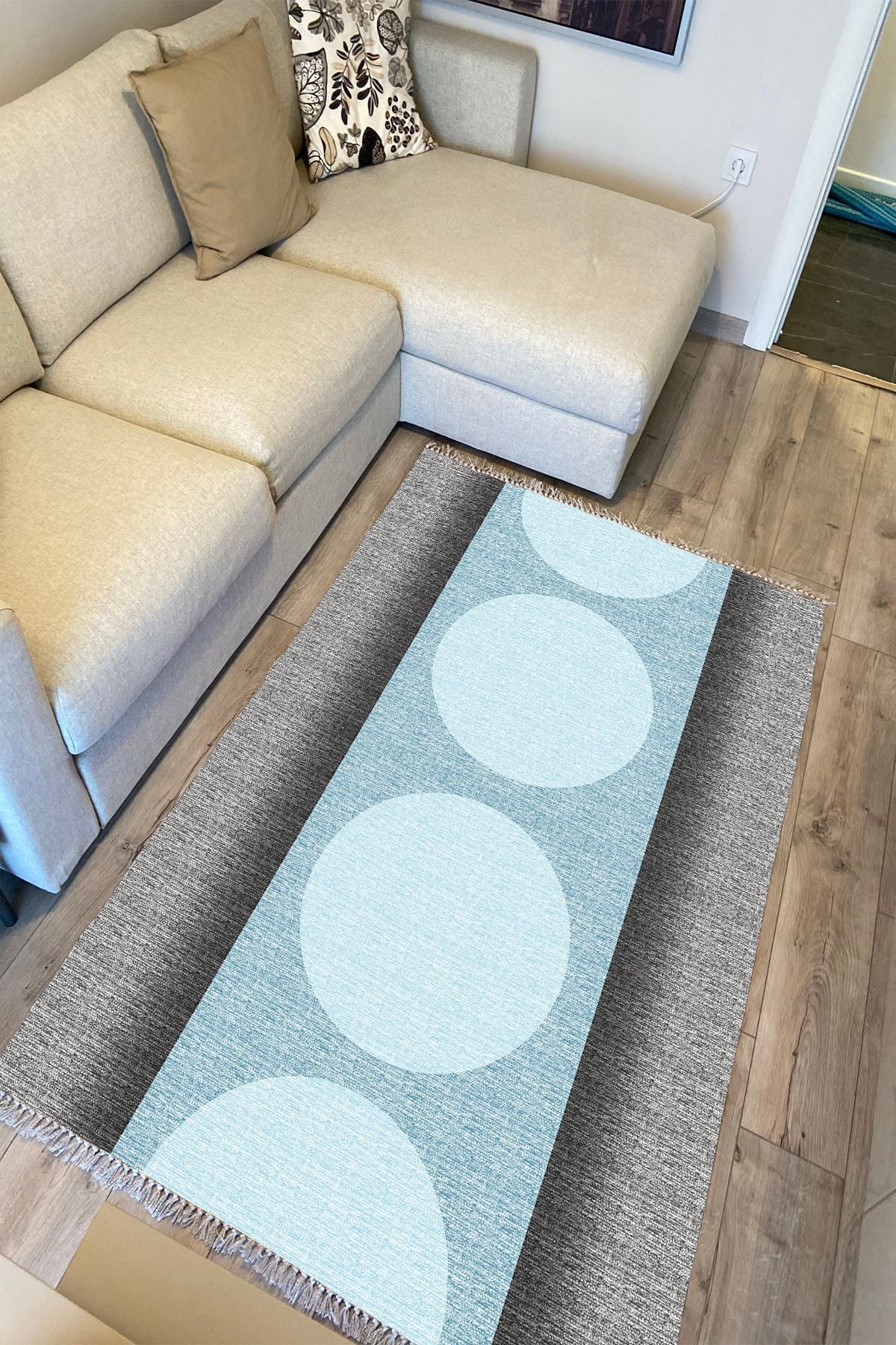 Cotton Kilim 31 Gri Ve Mavi Tonlarında Modern Desenli Dekoratif Yıkanabilen Dokuma Taban Kilim