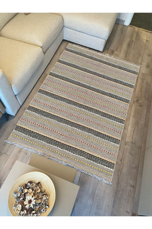 Cotton Kilim 33 Gri Tonlarında Çizgili Modern Desenli Dekoratif Yıkanabilen Dokuma Taban Kilim - HALI VAGONU