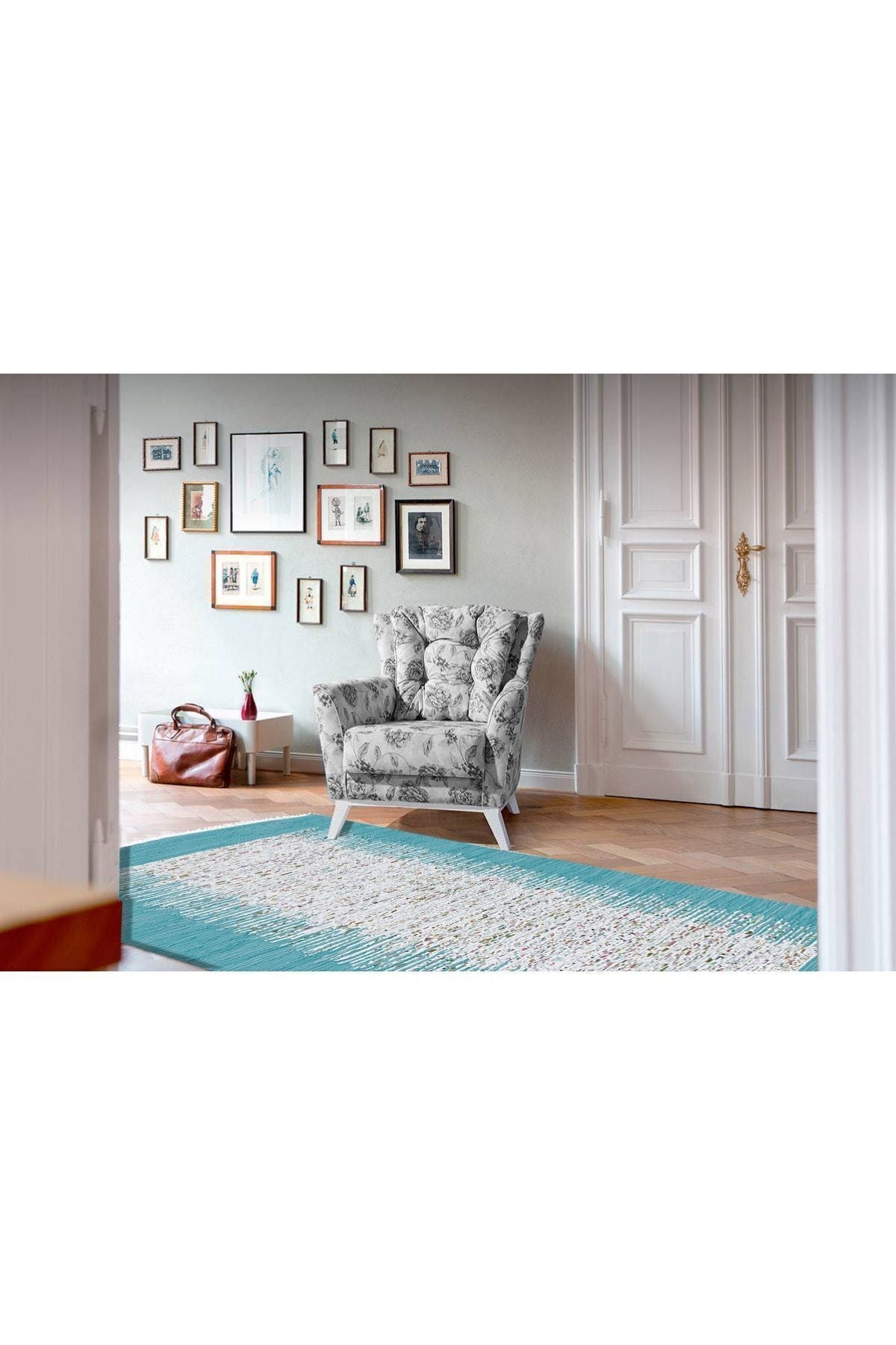 Cotton Serisi Turkuaz Rengi Ortası Su Yolu Eskitme Modern Desen Dekoratif Dokuma Taban Kilim