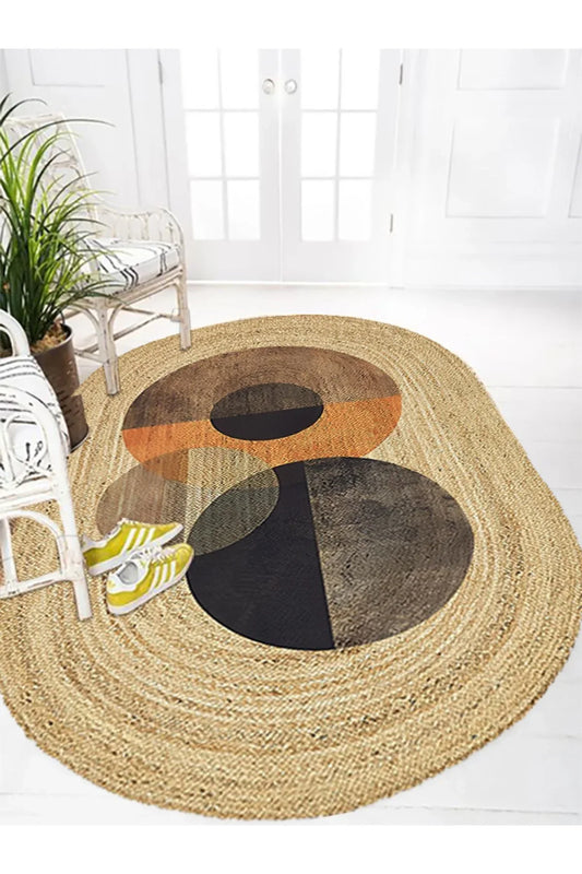 Boho 986 Oval Siyah Etnik Desenli Jüt Rengi Örgü Yuvarlak Natural Çift Taraflı Halı - HALI VAGONU