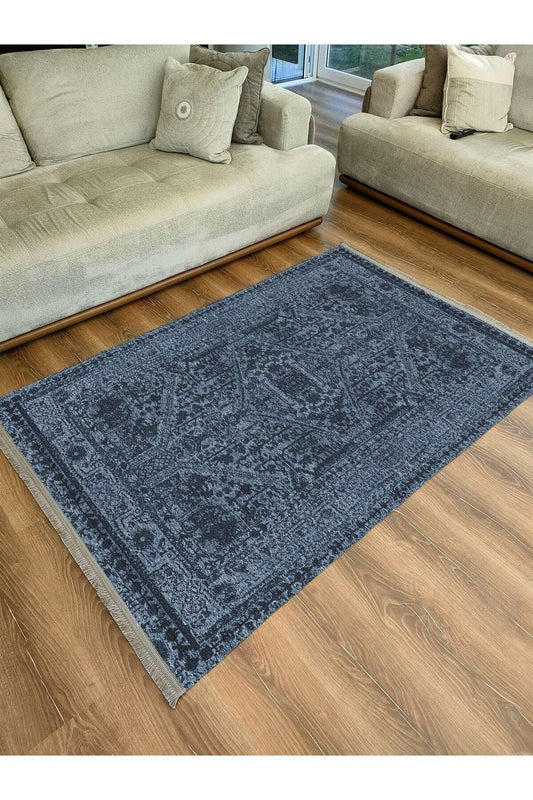 Halı Vagonu Serisi Lacivert Eskitme Antika Desen Kaymaz Taban Şönil Halı - HALI VAGONU