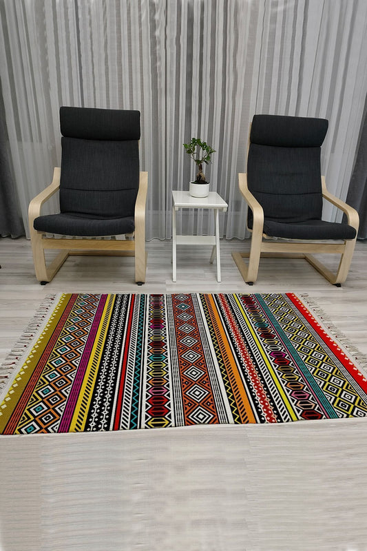 Cotton Serisi Multy Tonlarında Geometrik Otantik Desen Dekoratif Dokuma Taban Kilim