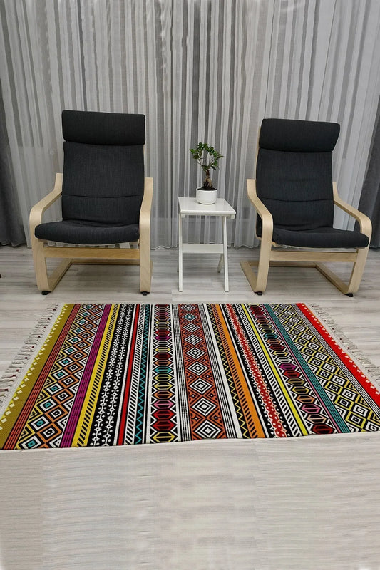 Cotton Serisi Multy Tonlarında Geometrik Otantik Desen Dekoratif Dokuma Taban Kilim - HALI VAGONU