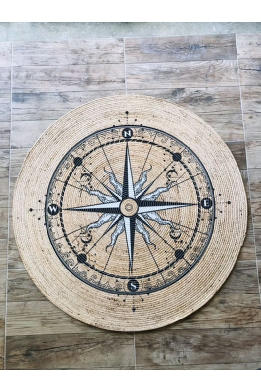 Pusula Desenli Yuvarlak Jüt Örme Hasır Halı/Kilim HV-JH-05