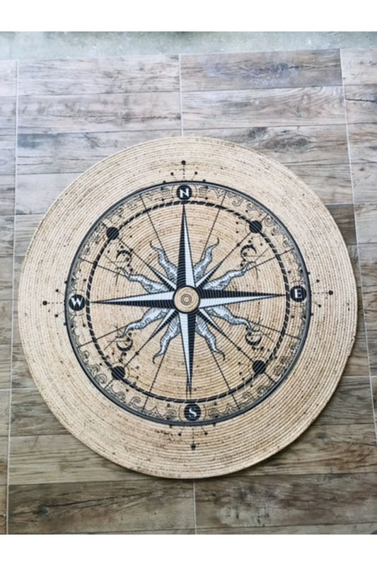 Pusula Desenli Yuvarlak Jüt Örme Hasır Halı/Kilim HV-JH-05 - HALI VAGONU