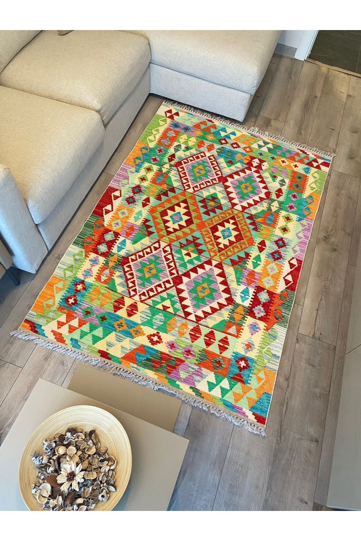 Cotton Kilim 64 Yeşil Geleneksel Motifler Modern Dekoratif Saçaklı Yıkanabilen Dokuma Kilim