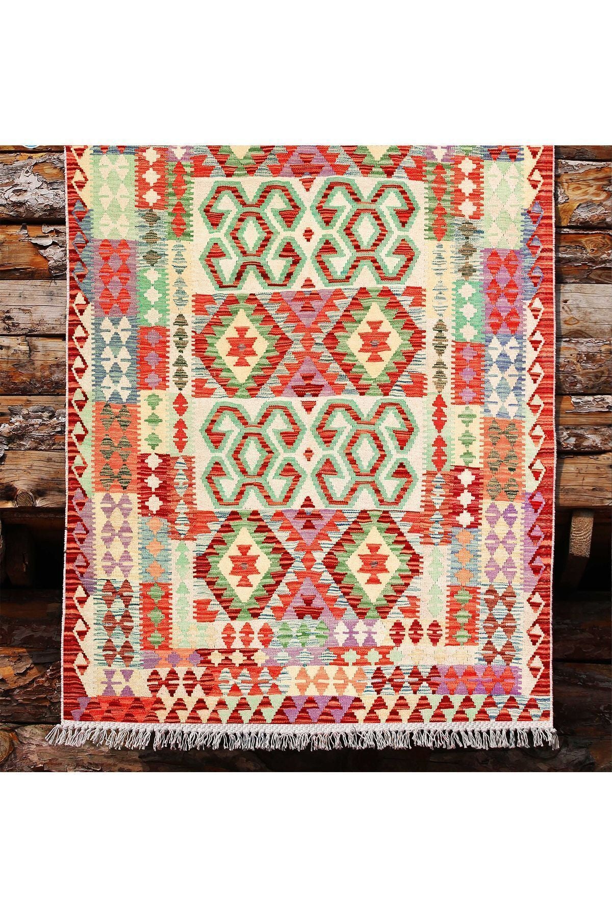 Cotton Kilim 57 Turuncu Geleneksel Motifler Modern Dekoratif Saçaklı Yıkanabilen Dokuma Kilim