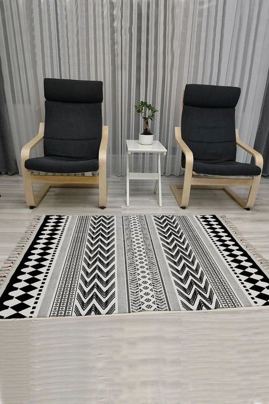 Cotton Serisi Siyah Beyaz Iskandinav Eskitme Desenli Dekoratif Dokuma Taban Kilim - HALI VAGONU