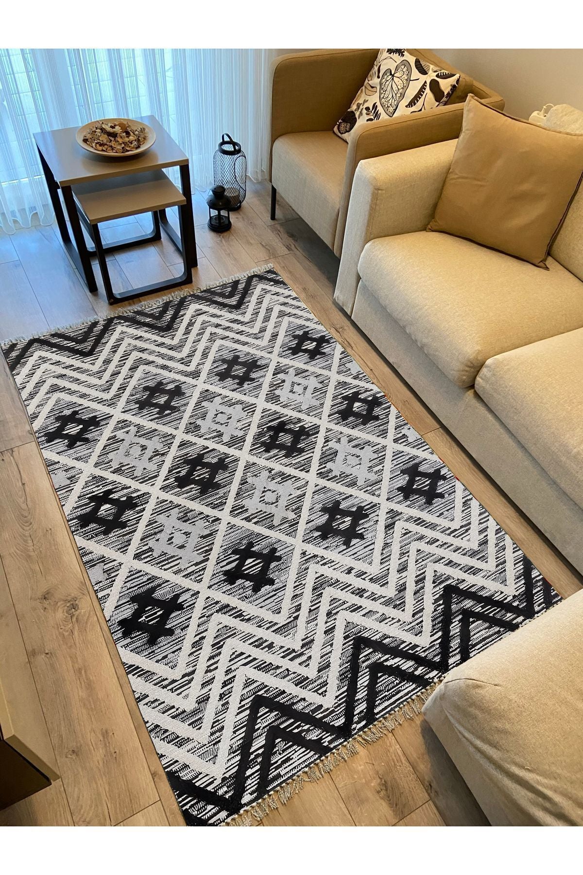 Cotton Kilim 15 Gri Zeminli Çizgili Desenli Dekoratif Yıkanabilen Dokuma Taban Kilim