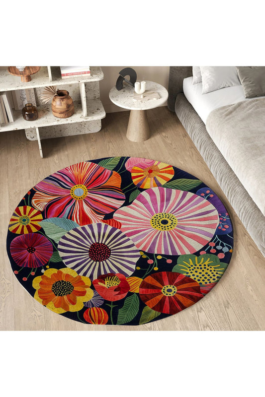 Halı Vagonu 200 Çok Renkli Çiçekli Yuvarlak Dokuma Taban Salon Alan Halısı