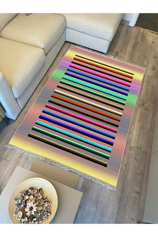 Cotton Kilim 55 Multy Geleneksel Motifler Modern Dekoratif Saçaklı Yıkanabilen Dokuma Kilim