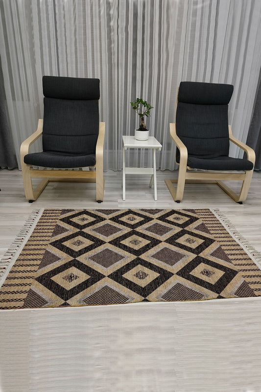 Cotton Serisi Kahve Tonları Üçgen Geometrik Desenli Dekoratif Dokuma Taban Kilim