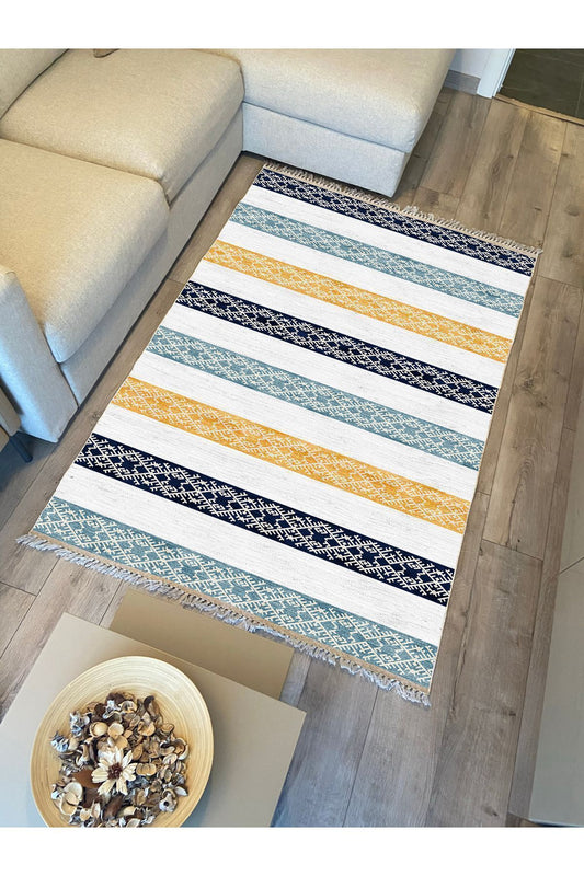 Cotton Kilim 36 Mavi Renklı Modern Desenli Dekoratif Yıkanabilen Dokuma Taban Kilim