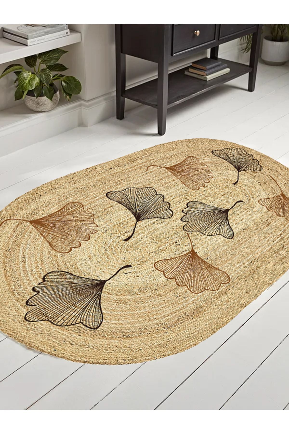 Boho 982 Oval Siyah Yel Motifli Etnik Desenli Jüt Rengi Örgü Yuvarlak Natural Çift Taraflı Halı