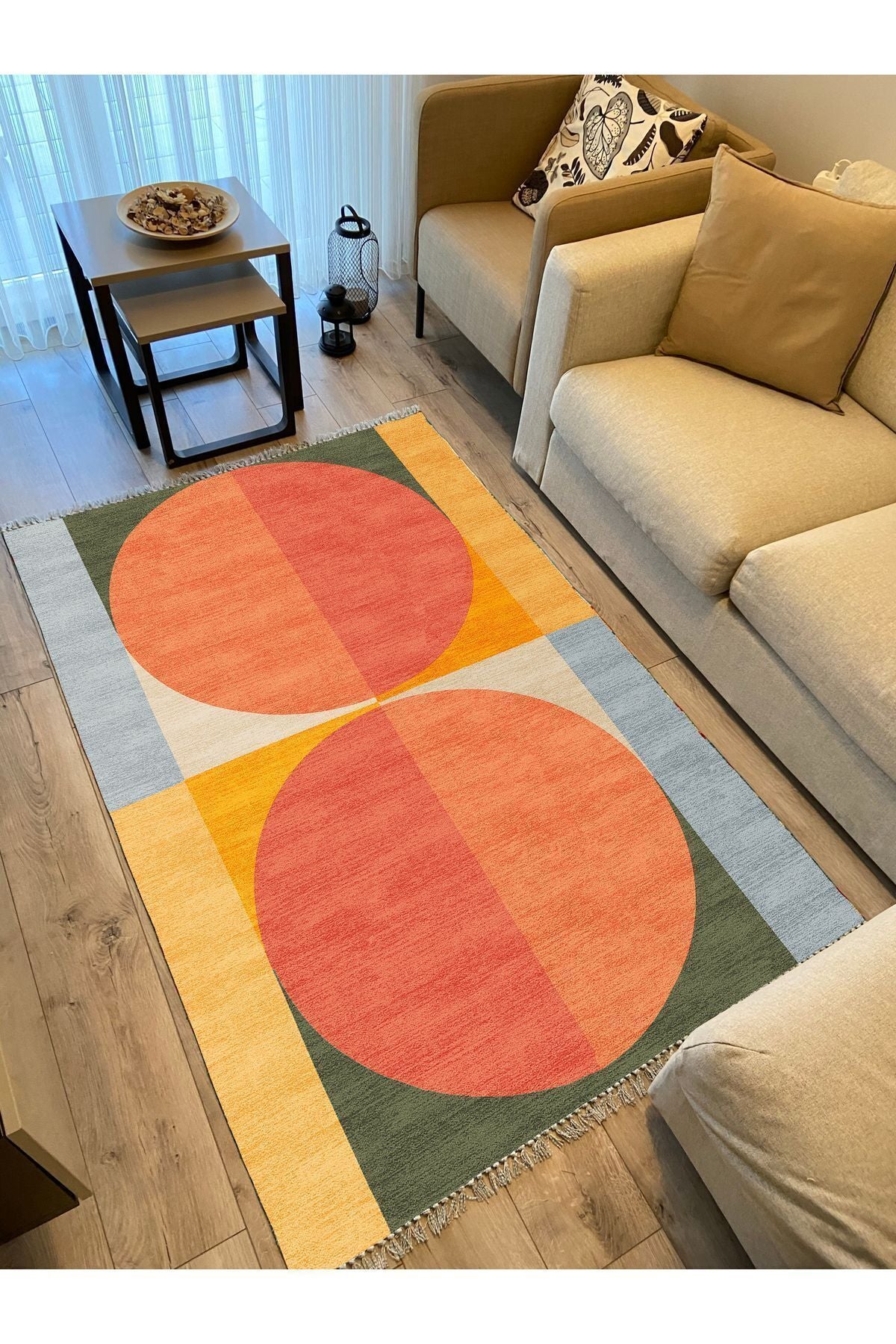 Cotton Kilim 32 Turuncu Tonlarında Modern Desenli Dekoratif Yıkanabilen Dokuma Taban Kilim