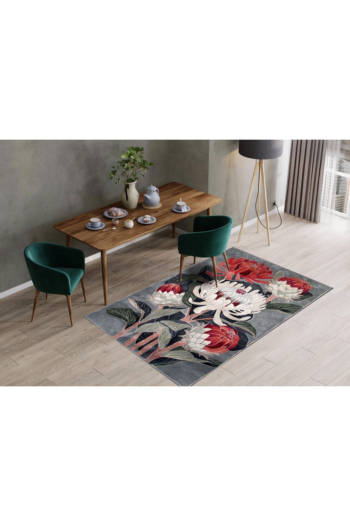 Halı Vagonu 147 Yeşil Kırmızı Büyük Çiçekli Floral Dokuma Taban Halı