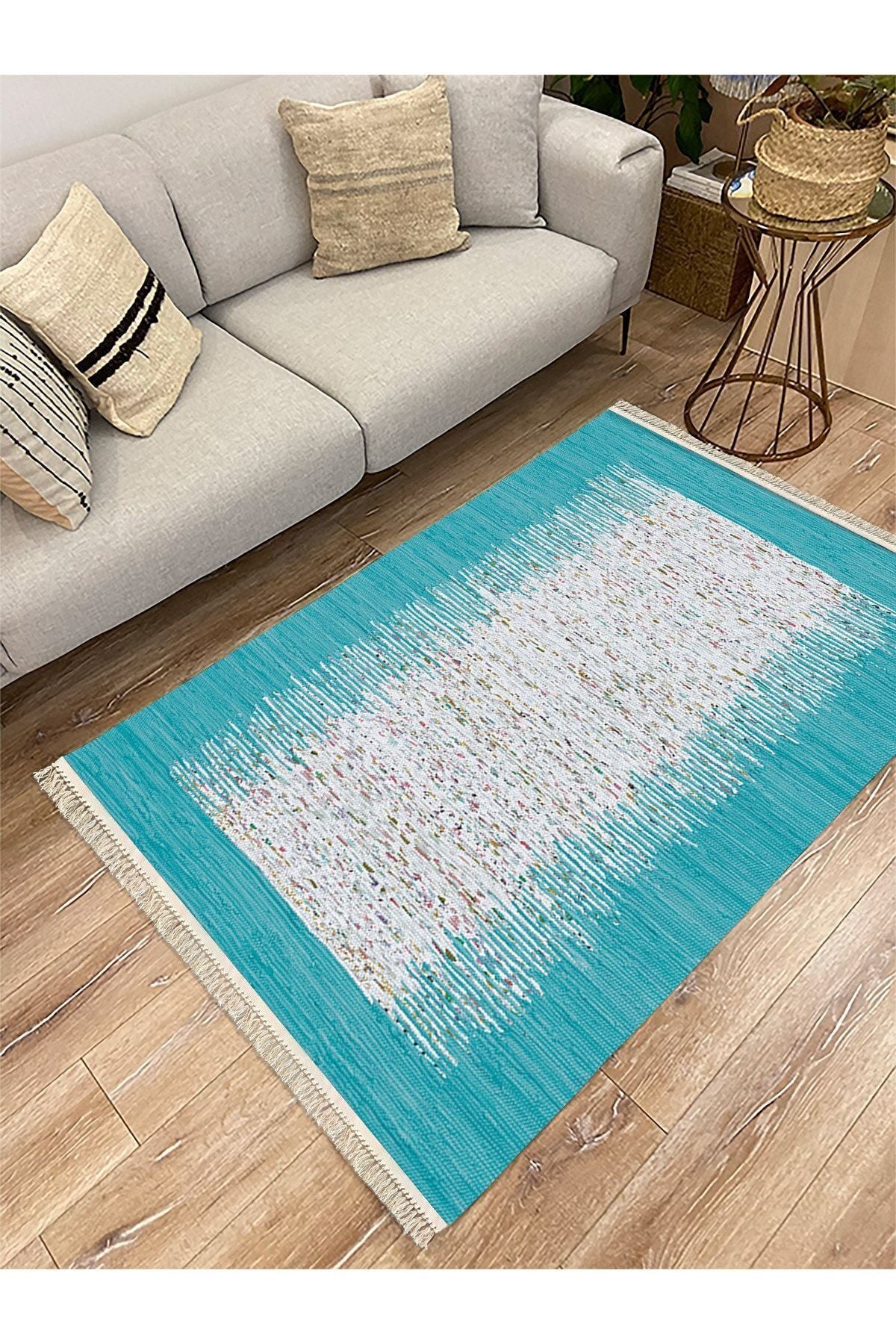 Cotton Serisi Turkuaz Rengi Ortası Su Yolu Eskitme Modern Desen Dekoratif Dokuma Taban Kilim