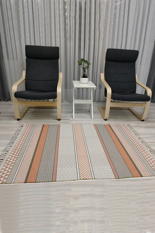 Cotton Serisi Kahve Tonlarında Etnik Desenli Dekoratif Dokuma Taban Kilim